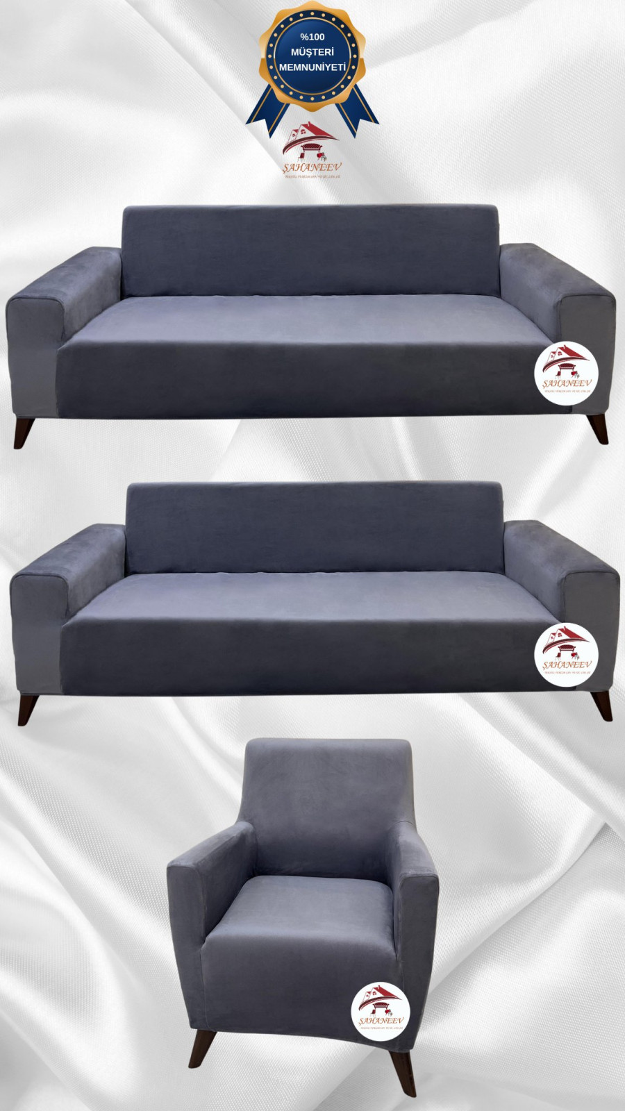 İtalyan Süet Kumaş Elastik Esnek Koruyucu Giydirme Koltuk Örtüsü Koyu Gri Renk 3+3+1 (3 Parça Set) Özel Ölçü