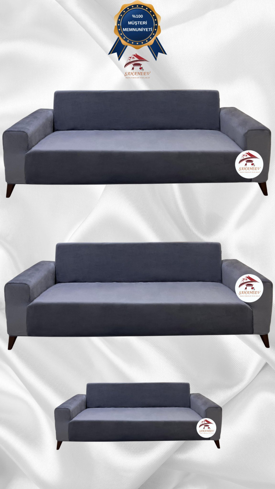 İtalyan Süet Kumaş Elastik Esnek Koruyucu Giydirme Koltuk Örtüsü Koyu Gri Renk 3+3+2 (3 Parça Set)