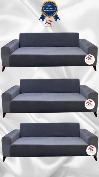 İtalyan Süet Kumaş Elastik Esnek Koruyucu Giydirme Koltuk Örtüsü Koyu Gri Renk 3+3+3 (3 Parça Set)