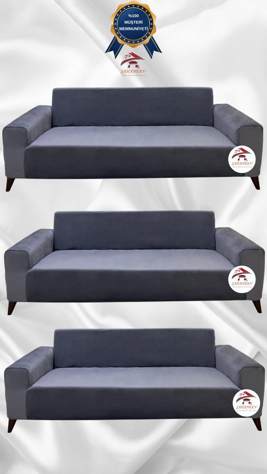 İtalyan Süet Kumaş Elastik Esnek Koruyucu Giydirme Koltuk Örtüsü Koyu Gri Renk 3+3+3 (3 Parça Set)