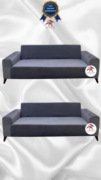 İtalyan Süet Kumaş Elastik Esnek Koruyucu Giydirme Koltuk Örtüsü Koyu Gri Renk 3+3 (2 Parça Set)