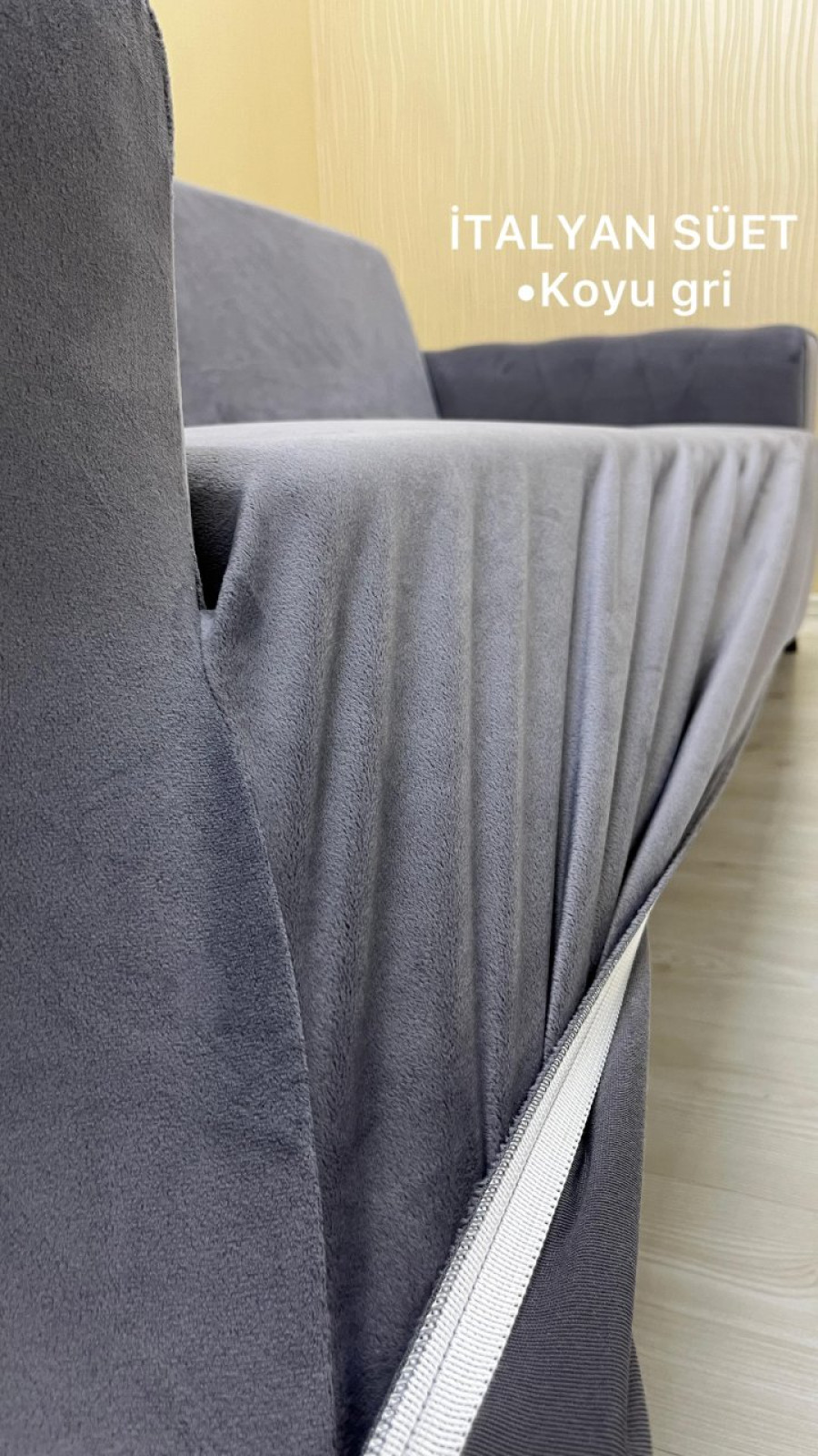 İtalyan Süet Kumaş Elastik Esnek Koruyucu Giydirme Koltuk Örtüsü Koyu Gri Renk 3+3 (2 Parça Set)