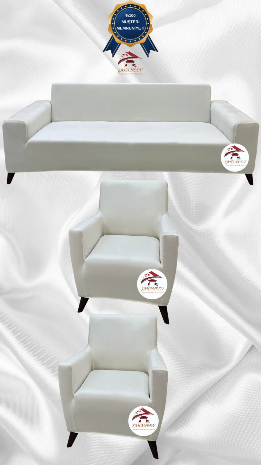 İtalyan Süet Kumaş Elastik Esnek Koruyucu Giydirme Koltuk Örtüsü Krem Renk 3+1+1 (3 Parça Set)