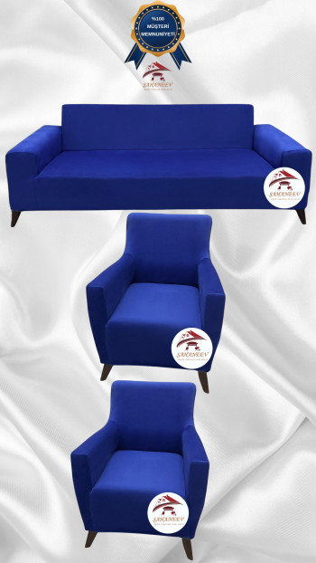 İtalyan Süet Kumaş Elastik Esnek Koruyucu Giydirme Koltuk Örtüsü Saks Mavi Renk 3+1+1 (3 Parça Set)