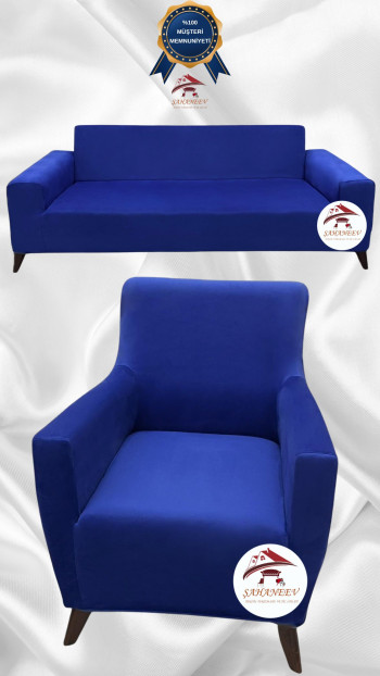 İtalyan Süet Kumaş Elastik Esnek Koruyucu Giydirme Koltuk Örtüsü Saks Mavi Renk 3+1 (2 Parça Set)