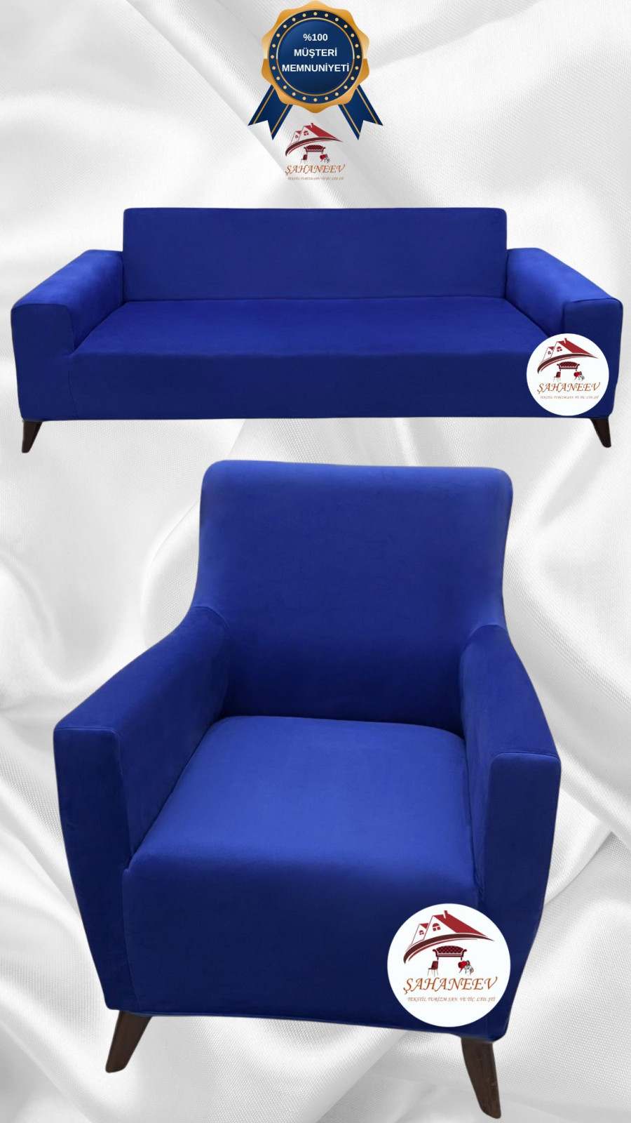 İtalyan Süet Kumaş Elastik Esnek Koruyucu Giydirme Koltuk Örtüsü Saks Mavi Renk 3+1 (2 Parça Set)