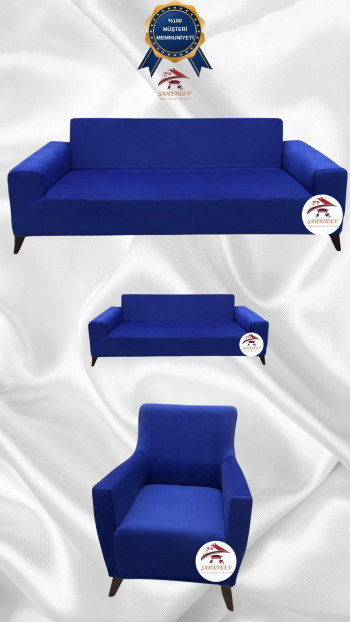 İtalyan Süet Kumaş Elastik Esnek Koruyucu Giydirme Koltuk Örtüsü Saks Mavi Renk 3+2+1 (3 Parça Set)