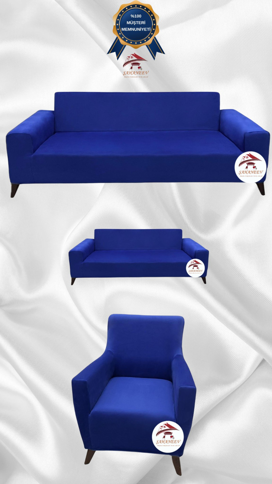 İtalyan Süet Kumaş Elastik Esnek Koruyucu Giydirme Koltuk Örtüsü Saks Mavi Renk 3+2+1 (3 Parça Set)