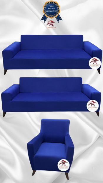 İtalyan Süet Kumaş Elastik Esnek Koruyucu Giydirme Koltuk Örtüsü Saks Mavi Renk 3+3+1 (3 Parça Set)