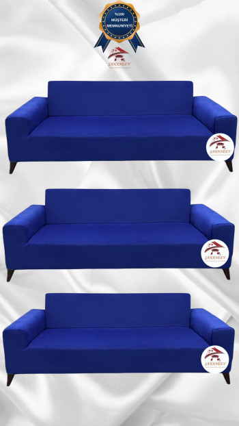 İtalyan Süet Kumaş Elastik Esnek Koruyucu Giydirme Koltuk Örtüsü Saks Mavi Renk 3+3+3 (3 Parça Set)