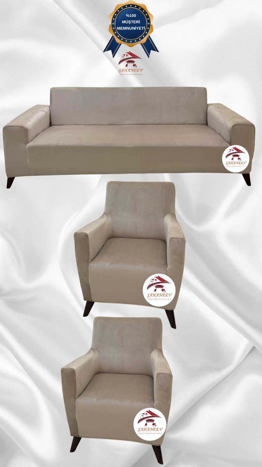 İtalyan Süet Kumaş Elastik Esnek Koruyucu Giydirme Koltuk Örtüsü Vizon Renk 3+1+1 (3 Parça Set)