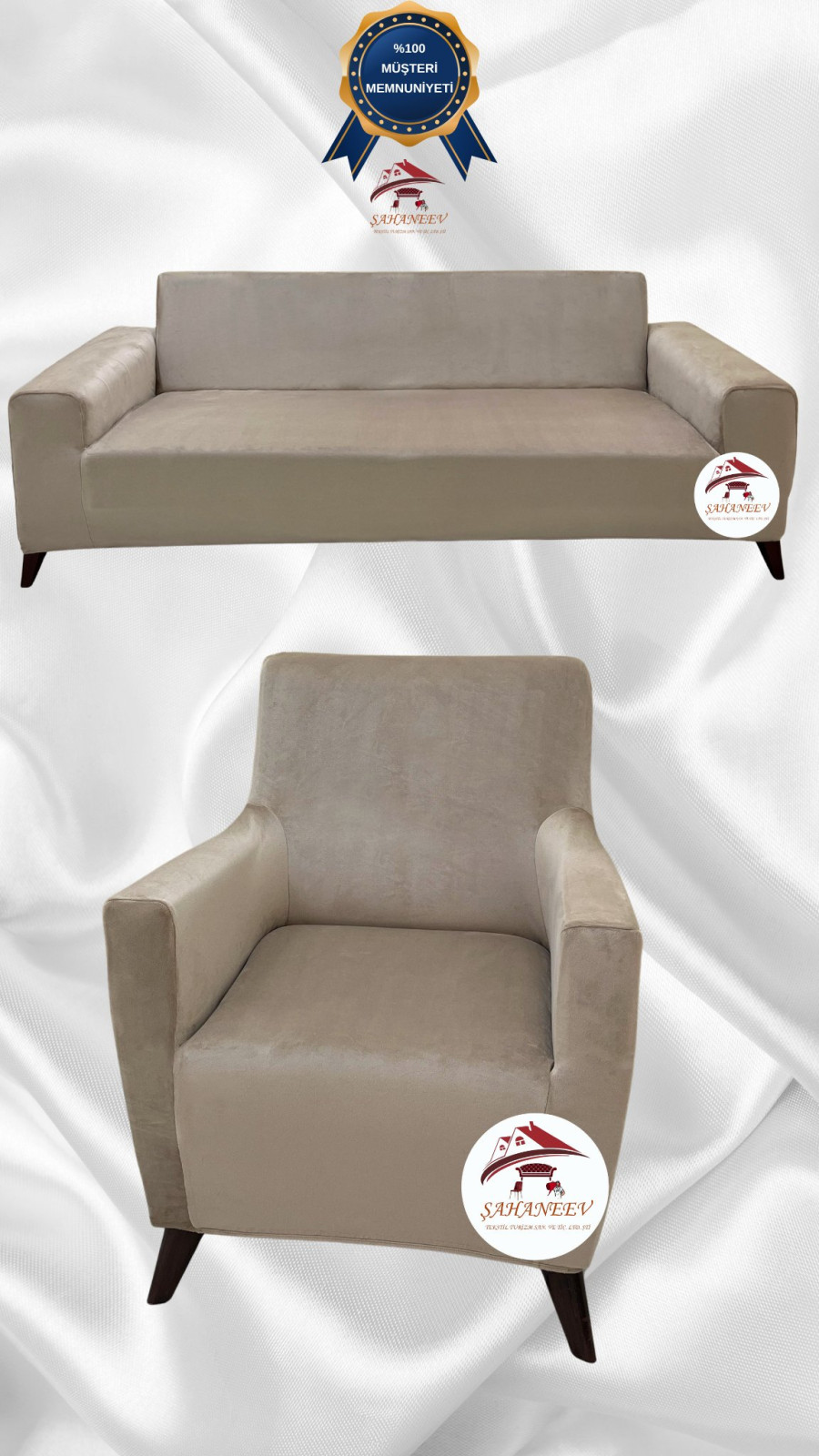 İtalyan Süet Kumaş Elastik Esnek Koruyucu Giydirme Koltuk Örtüsü Vizon Renk 3+1 (2 Parça Set)