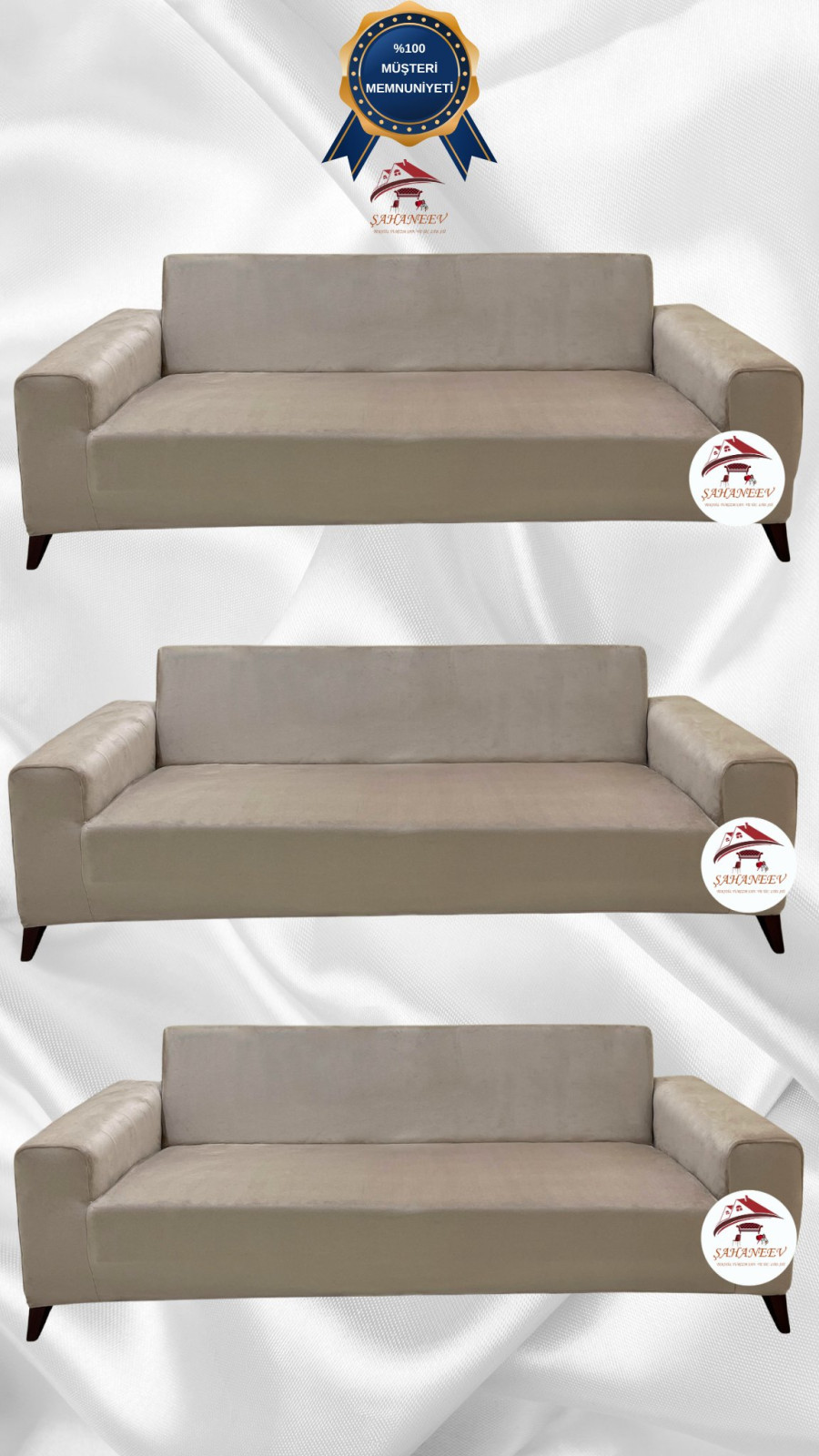 İtalyan Süet Kumaş Elastik Esnek Koruyucu Giydirme Koltuk Örtüsü Vizon Renk 3+3+3 (3 Parça Set) Özel Ölçü