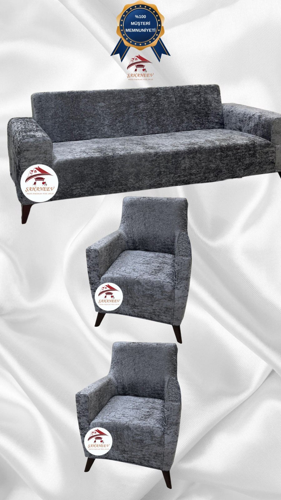 Parlak Kadife Giydirme Koltuk Örtüsü - Işıltılı Geometrik Desenli Koruyucu Açık Gri Renk 3+1+1 (3 Parça Set) Özel Ölçü