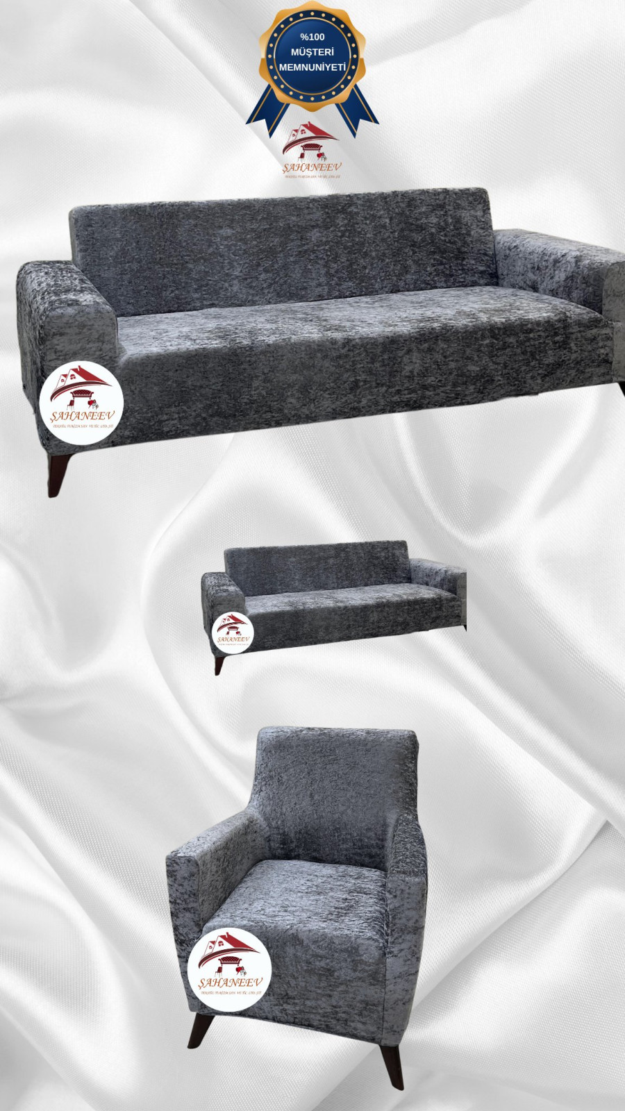 Parlak Kadife Giydirme Koltuk Örtüsü - Işıltılı Geometrik Desenli Koruyucu Açık Gri Renk 3+2+1 (3 Parça Set) Özel Ölçü