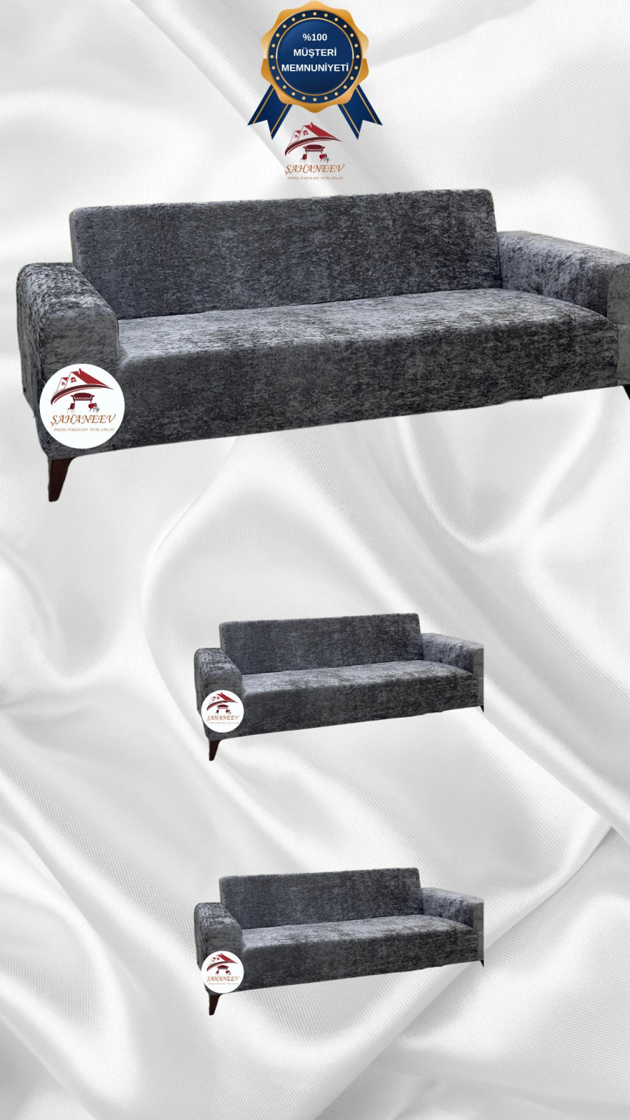 Parlak Kadife Giydirme Koltuk Örtüsü - Işıltılı Geometrik Desenli Koruyucu Açık Gri Renk 3+2+2 (3 Parça Set) Özel Ölçü