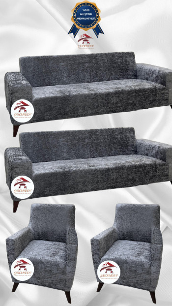 Shiny Velvet Slip-On Sofa Cover - Luminous Geometric Pattern Protector Light Gray Color 3+3+1+1 (4 Piece Set)