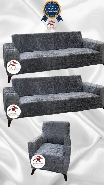 Shiny Velvet Slip-On Sofa Cover - Luminous Geometric Pattern Protector Light Gray Color 3+3+1 (3 Piece Set)