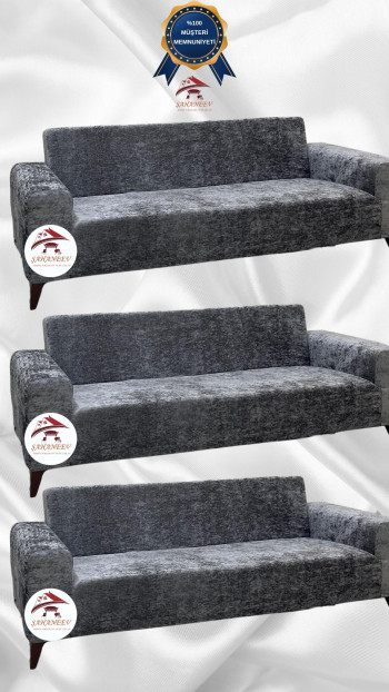 Shiny Velvet Slip-On Sofa Cover - Luminous Geometric Pattern Protector Light Gray Color 3+3+3 (3 Piece Set)