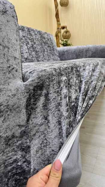 Shiny Velvet Slip-On Sofa Cover - Luminous Geometric Pattern Protector Light Gray Color 3+3+3 (3 Piece Set)