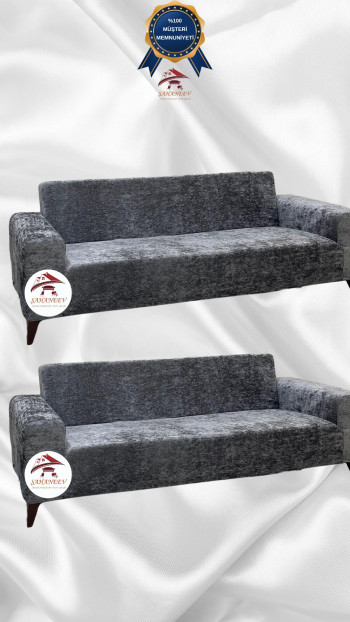 Shiny Velvet Slip-On Sofa Cover - Luminous Geometric Pattern Protector Light Gray Color 3+3 (2 Piece Set)