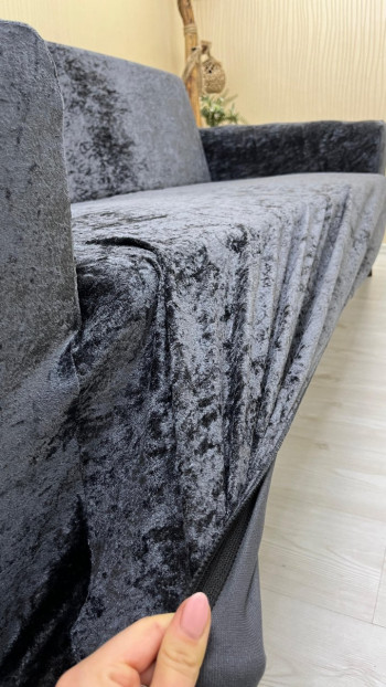 Shiny Velvet Slip-On Sofa Cover - Luminous Geometric Pattern Protector Anthracite Color 1+1 (2 Piece Set)