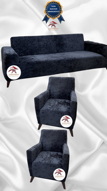 Shiny Velvet Slip-On Sofa Cover - Luminous Geometric Pattern Protector Anthracite Color 3+1+1 (3 Piece Set)