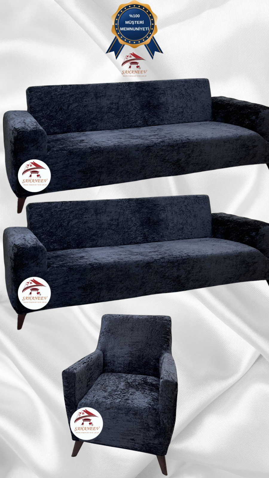 Parlak Kadife Giydirme Koltuk Örtüsü - Işıltılı Geometrik Desenli Koruyucu Antrasit Renk 3+3+1 (3 Parça Set)