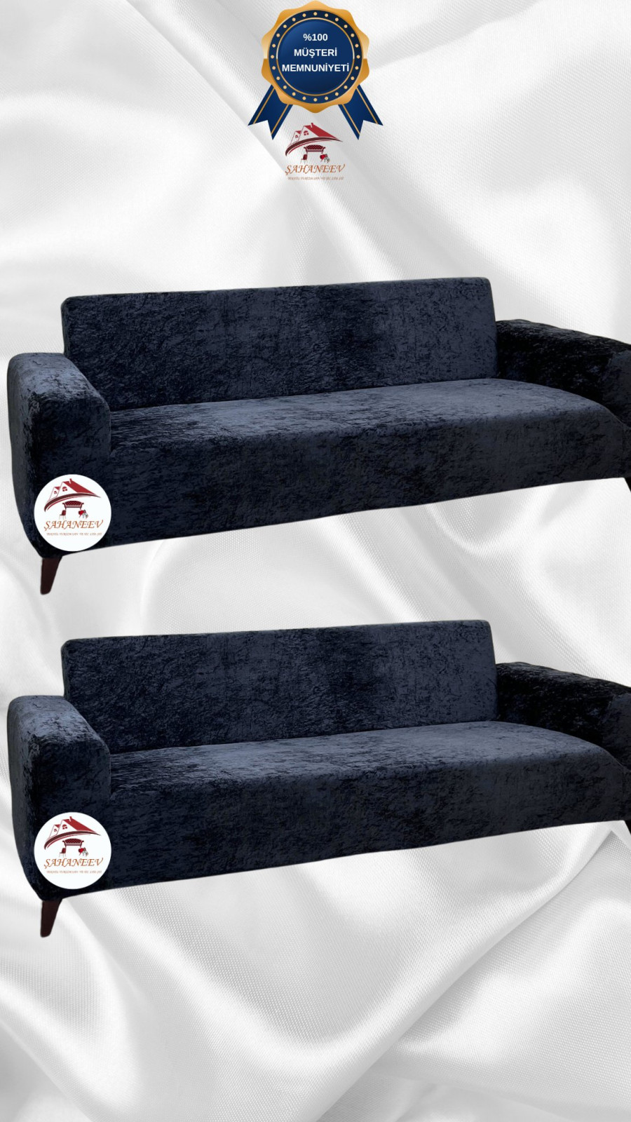 Parlak Kadife Giydirme Koltuk Örtüsü - Işıltılı Geometrik Desenli Koruyucu Antrasit Renk 3+3 (2 Parça Set)