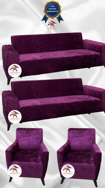 Shiny Velvet Slip-On Sofa Cover - Luminous Geometric Pattern Protector Fuchsia Color 3+3+1+1 (4 Piece Set)