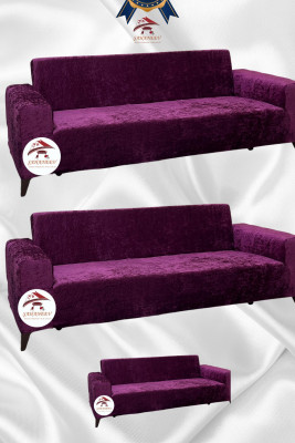 Parlak Kadife Giydirme Koltuk Örtüsü - Işıltılı Geometrik Desenli Koruyucu Fuşya Renk 3+3+2 (3 Parça Set)