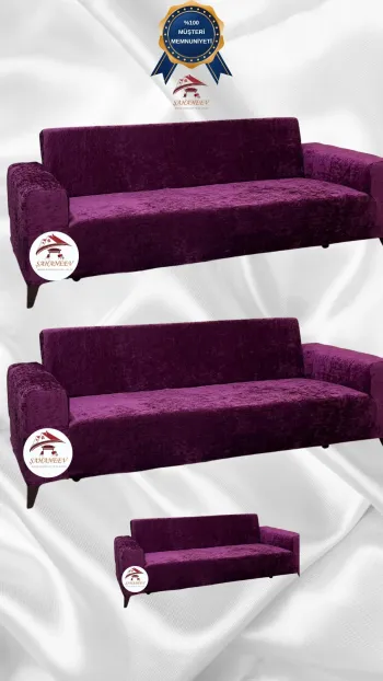 Shiny Velvet Slip-On Sofa Cover - Luminous Geometric Pattern Protector Fuchsia Color 3+3+2 (3 Piece Set)