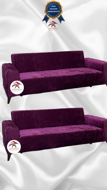 Shiny Velvet Slip-On Sofa Cover - Luminous Geometric Pattern Protector Fuchsia Color 3+3 (2 Piece Set)