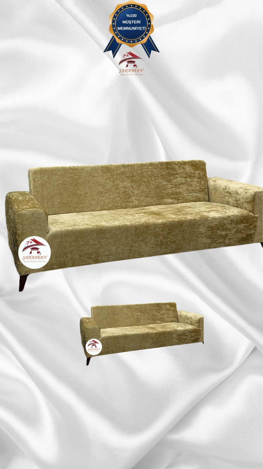 Parlak Kadife Giydirme Koltuk Örtüsü - Işıltılı Geometrik Desenli Koruyucu Altın Sarısı Renk 3+2 (2 Parça Set) Özel Ölçü