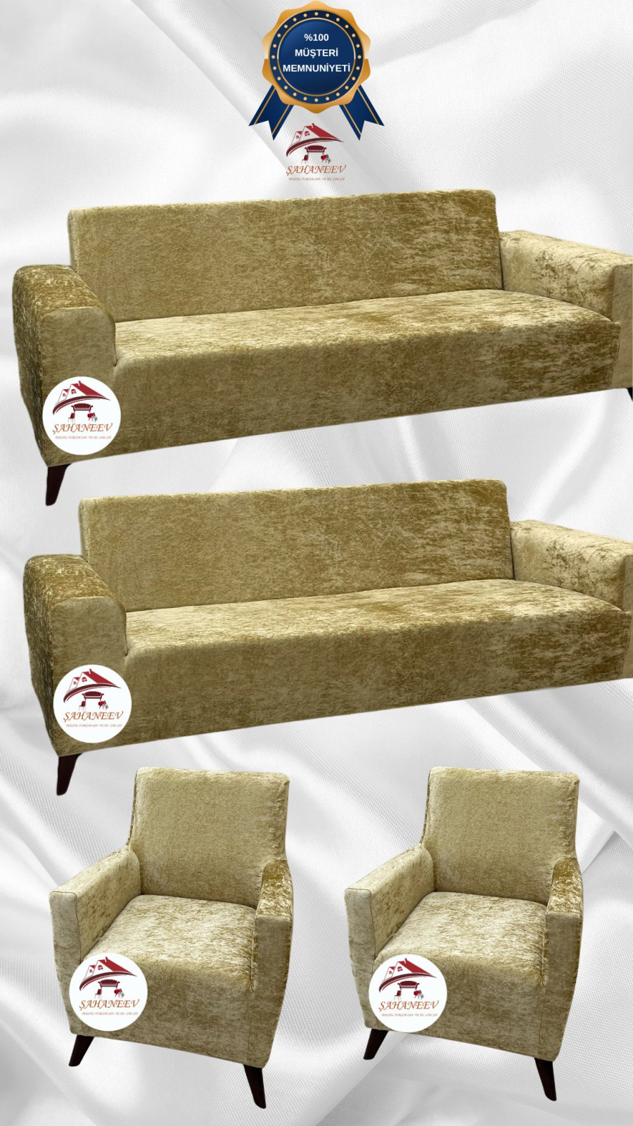 Parlak Kadife Giydirme Koltuk Örtüsü - Işıltılı Geometrik Desenli Koruyucu Altın Sarısı Renk 3+3+1+1 (4 Parça Set)