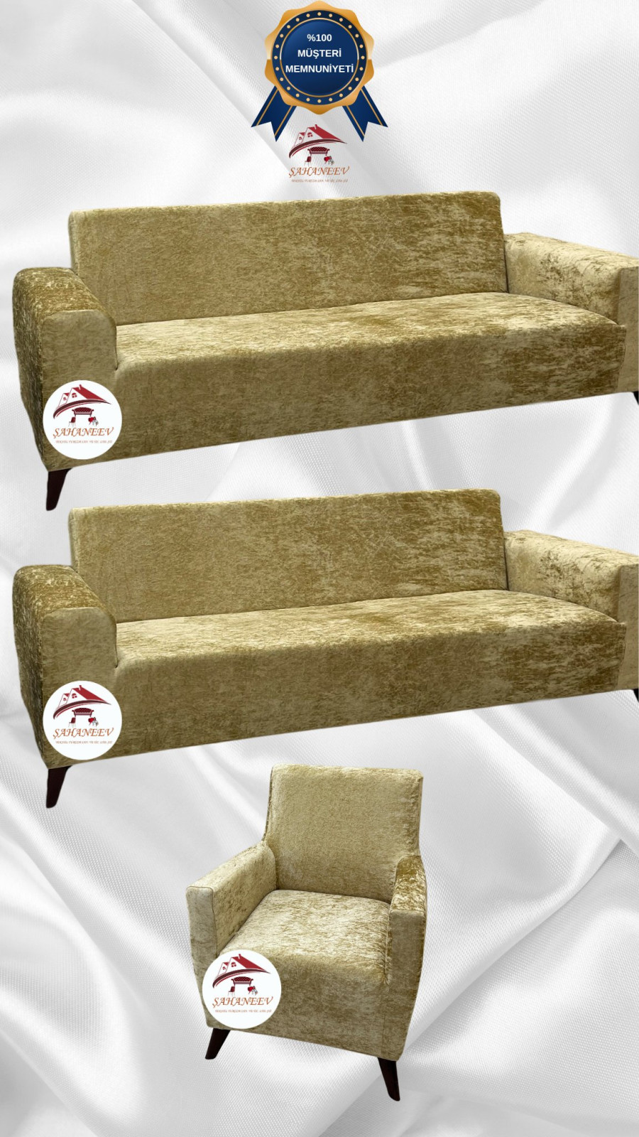 Parlak Kadife Giydirme Koltuk Örtüsü - Işıltılı Geometrik Desenli Koruyucu Altın Sarısı Renk 3+3+1 (3 Parça Set) Özel Ölçü