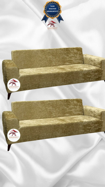 Shiny Velvet Slip-On Sofa Cover - Luminous Geometric Pattern Protector Gold Color 3+3 (2 Piece Set)