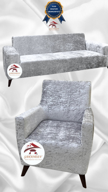 Shiny Velvet Slip-On Sofa Cover - Luminous Geometric Pattern Protector Silver Gray Color 3+1 (2 Piece Set)