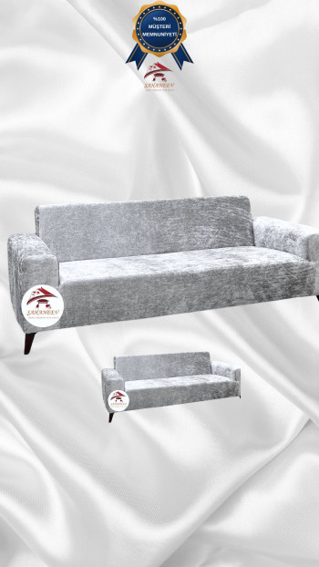 Shiny Velvet Slip-On Sofa Cover - Luminous Geometric Pattern Protector Silver Gray Color 3+2 (2 Piece Set)