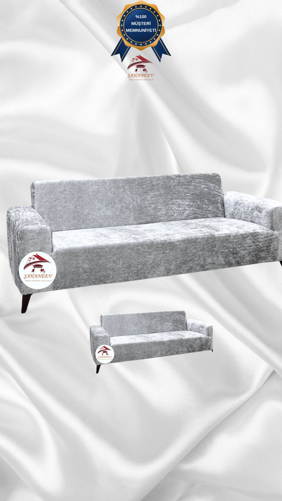 Shiny Velvet Slip-On Sofa Cover - Luminous Geometric Pattern Protector Silver Gray Color 3+2 (2 Piece Set)