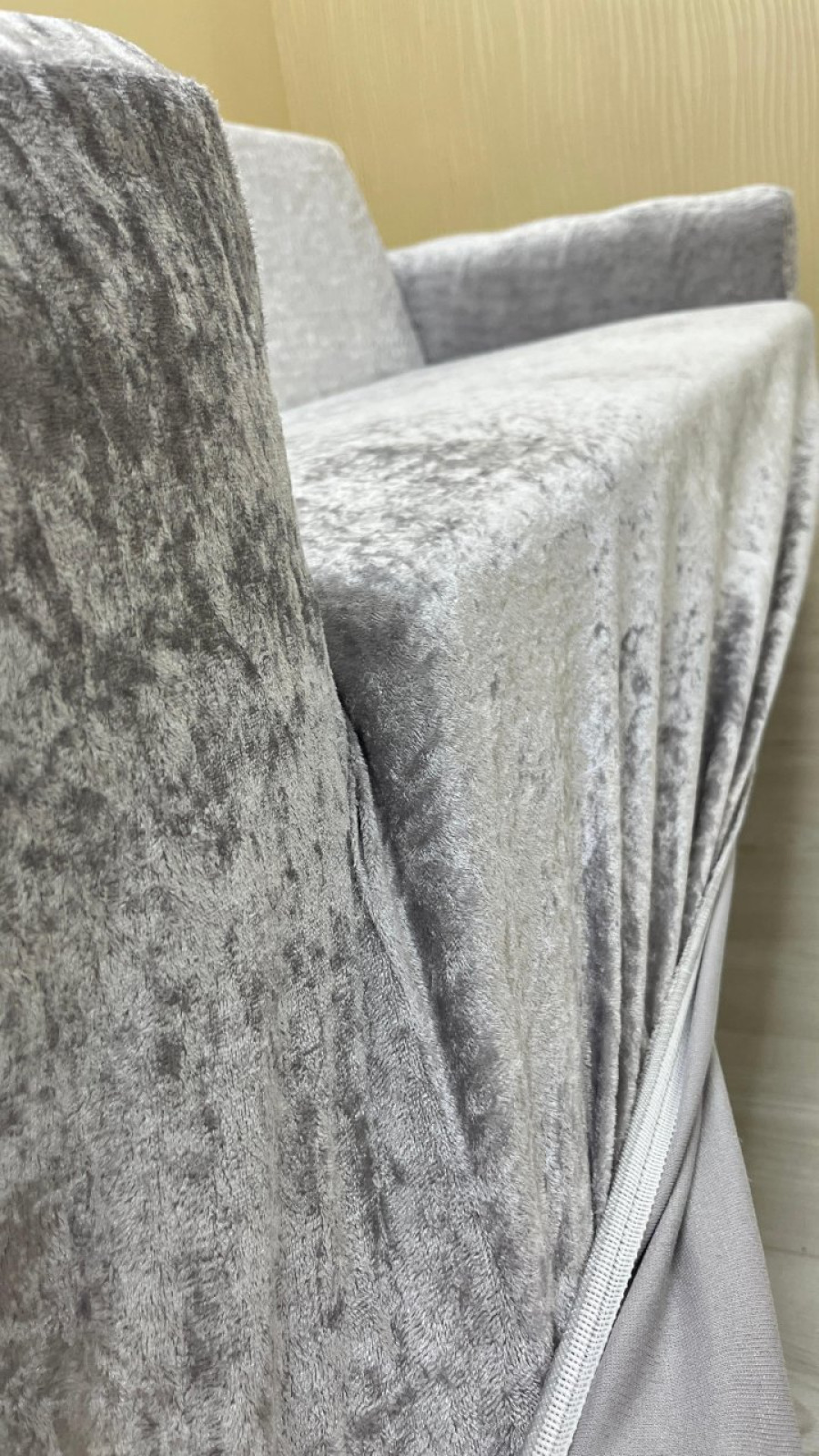 Shiny Velvet Slip-On Sofa Cover - Luminous Geometric Pattern Protector Silver Gray Color 3+2 (2 Piece Set)