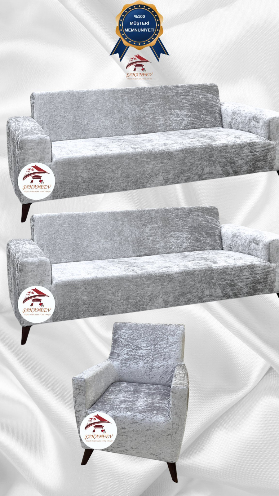 Parlak Kadife Giydirme Koltuk Örtüsü - Işıltılı Geometrik Desenli Koruyucu Gümüş Gri Renk 3+3+1 (3 Parça Set) Özel Ölçü