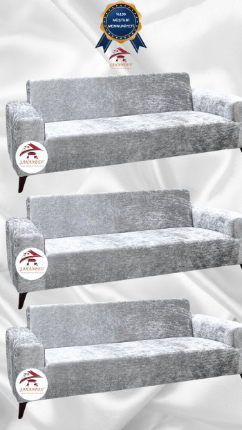 Shiny Velvet Slip-On Sofa Cover - Luminous Geometric Pattern Protector Silver Gray Color 3+3+3 (3 Piece Set)