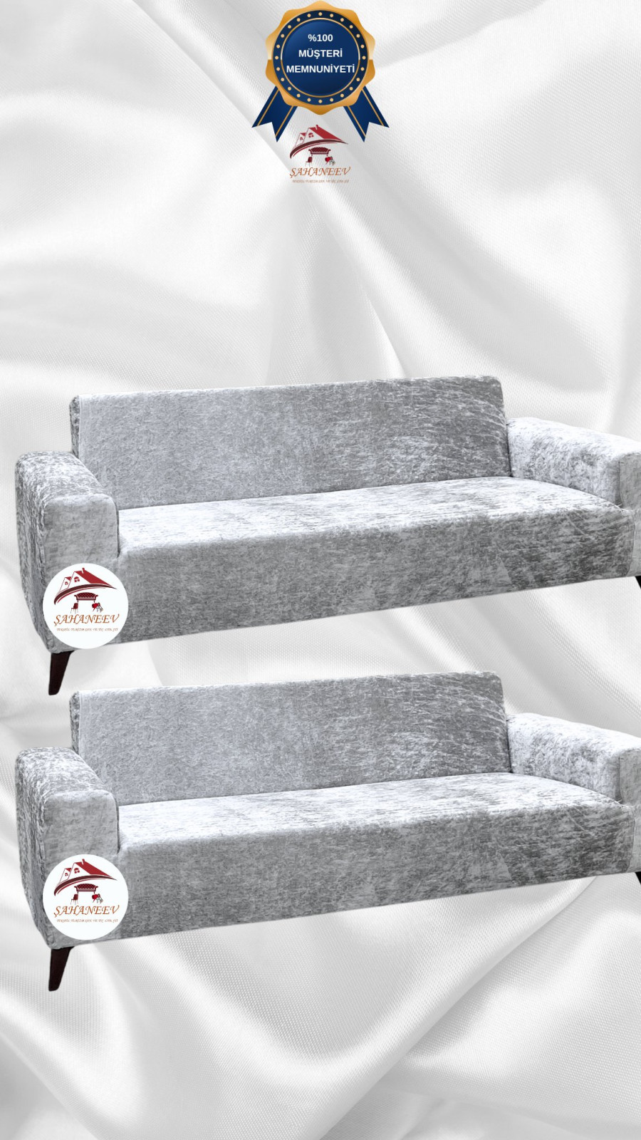 Parlak Kadife Giydirme Koltuk Örtüsü - Işıltılı Geometrik Desenli Koruyucu Gümüş Gri Renk 3+3 (2 Parça Set)