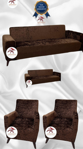 Shiny Velvet Slip-On Sofa Cover - Luminous Geometric Pattern Protector Brown Color 3+2+1+1 (4 Piece Set)