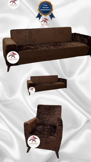 Shiny Velvet Slip-On Sofa Cover - Luminous Geometric Pattern Protector Brown Color 3+2+1 (3 Piece Set)