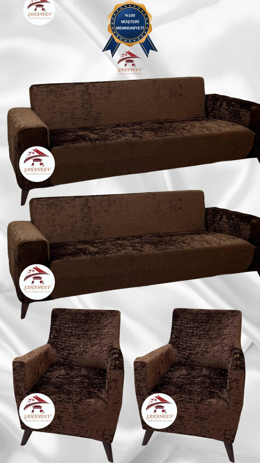 Parlak Kadife Giydirme Koltuk Örtüsü - Işıltılı Geometrik Desenli Koruyucu Kahverengi Renk 3+3+1+1 (4 Parça Set) Özel Ölçü