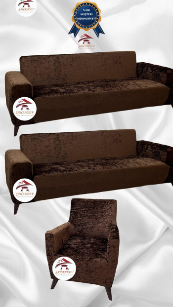 Shiny Velvet Slip-On Sofa Cover - Luminous Geometric Pattern Protector Brown Color 3+3+1 (3 Piece Set)