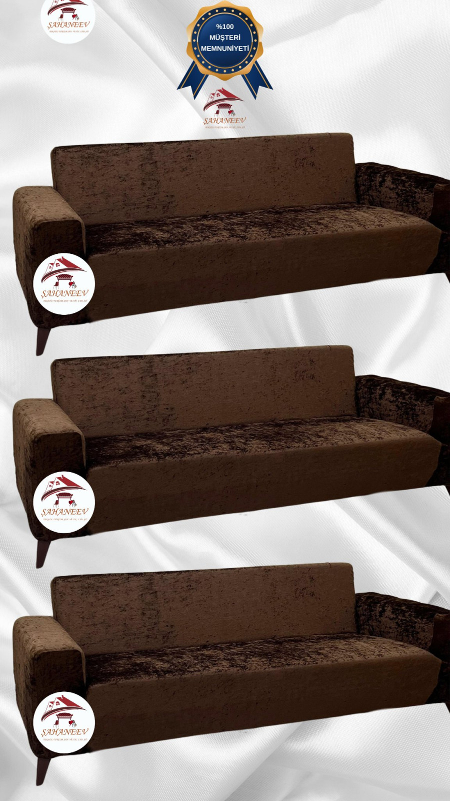 Parlak Kadife Giydirme Koltuk Örtüsü - Işıltılı Geometrik Desenli Koruyucu Kahverengi Renk 3+3+3 (3 Parça Set) Özel Ölçü