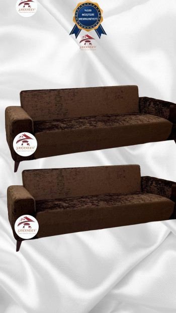 Shiny Velvet Slip-On Sofa Cover - Luminous Geometric Pattern Protector Brown Color 3+3 (2 Piece Set)